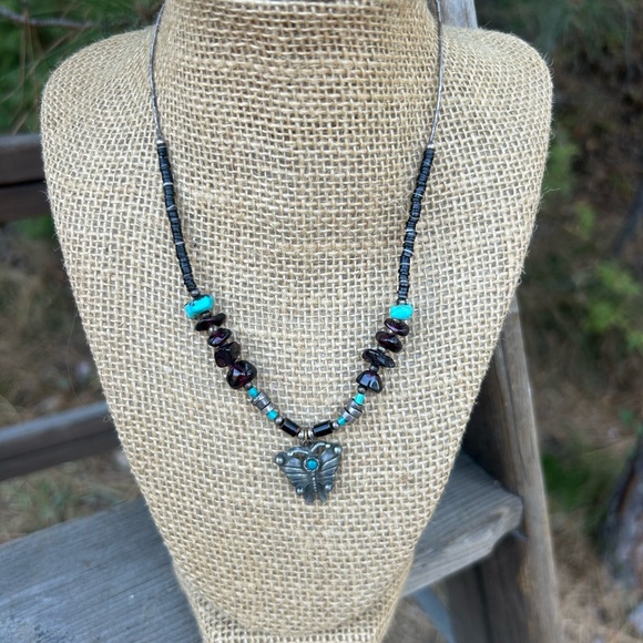 Turquoise amethyst San Crest Indian made signed 925 silver butterfly necklace - Picture 5 of 9